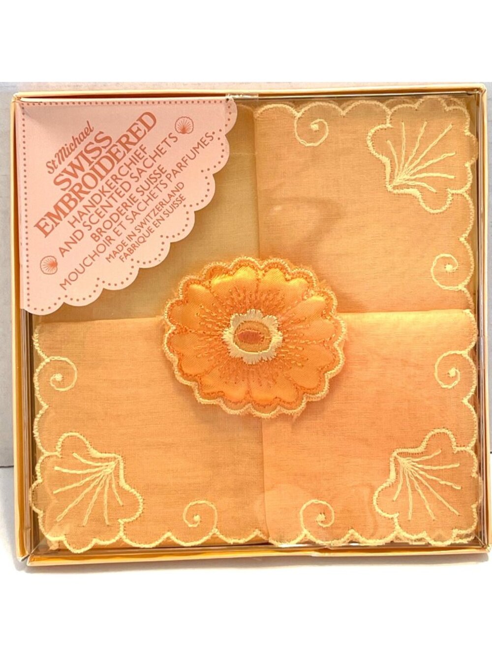 VTG Swiss Embroidered Handkerchief St Michael Scented Sachet Cotton Peach READ
